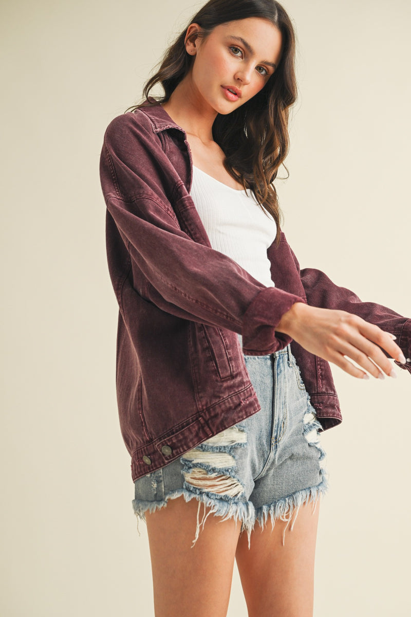 Audrey Button Down Denim Jacket, Cherry Lacquer