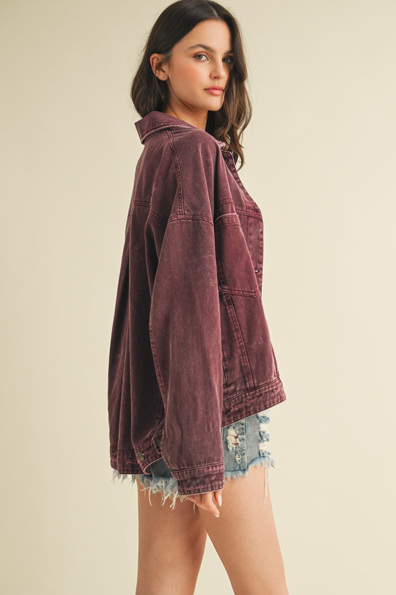 Audrey Button Down Denim Jacket, Cherry Lacquer