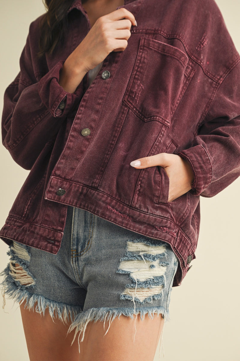 Audrey Button Down Denim Jacket, Cherry Lacquer