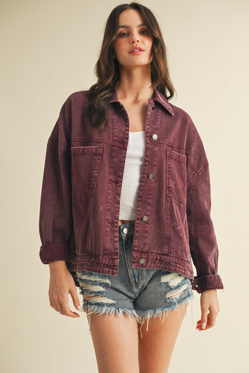 Audrey Button Down Denim Jacket, Cherry Lacquer