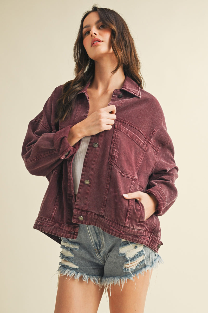 Audrey Button Down Denim Jacket, Cherry Lacquer
