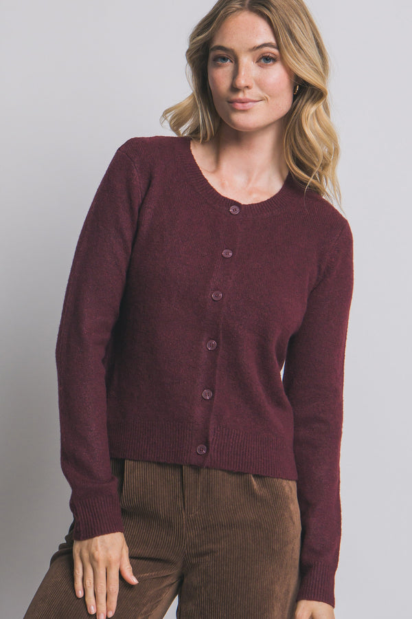 Maria Round Neck Cardigan, Burgundy