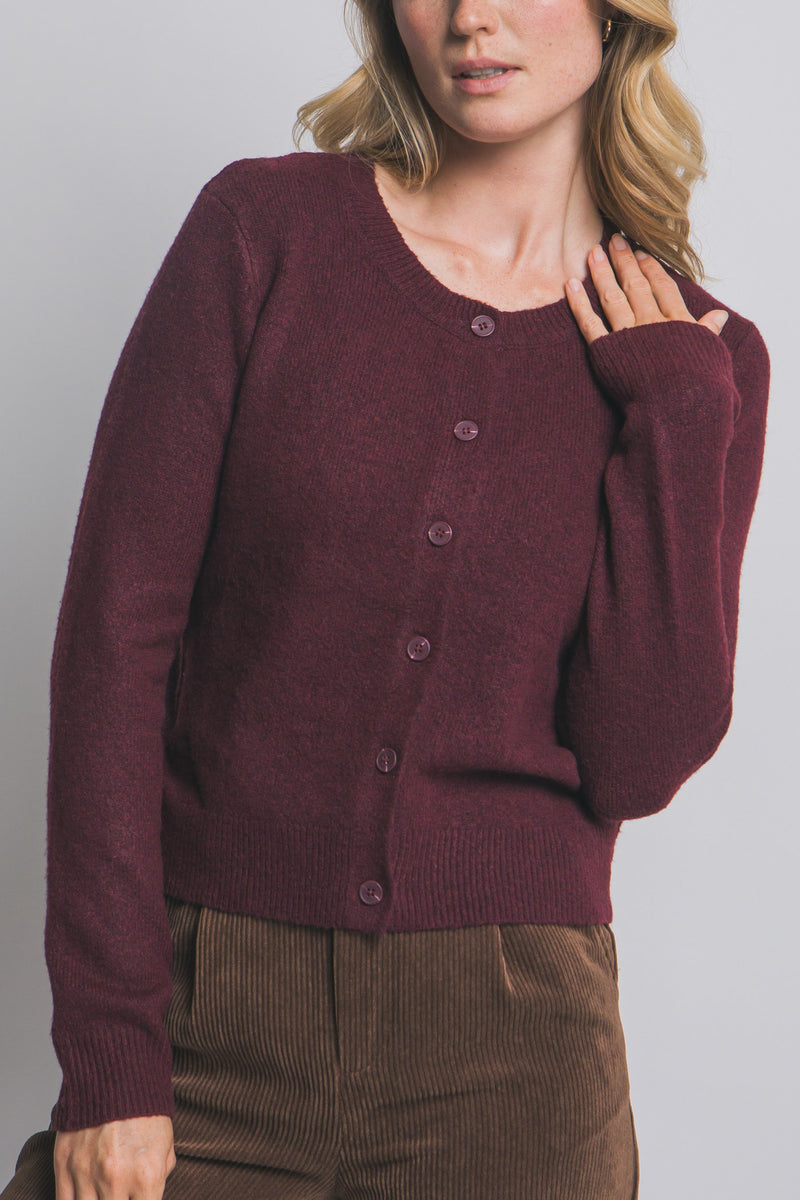 Maria Round Neck Cardigan, Burgundy