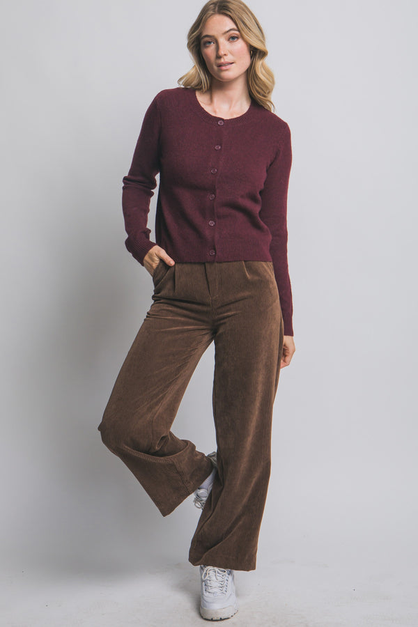Maria Round Neck Cardigan, Burgundy