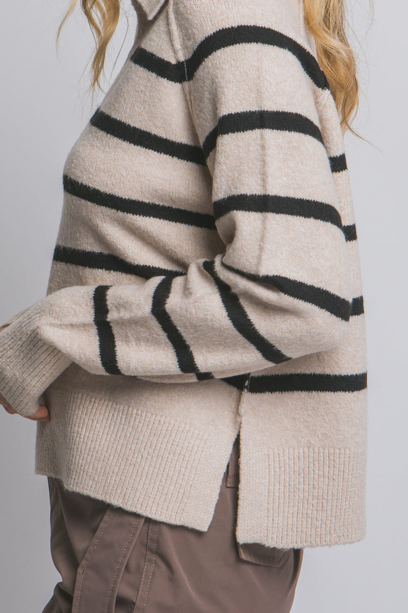 Maeve Collared V-Neck Striped Sweater, Beige