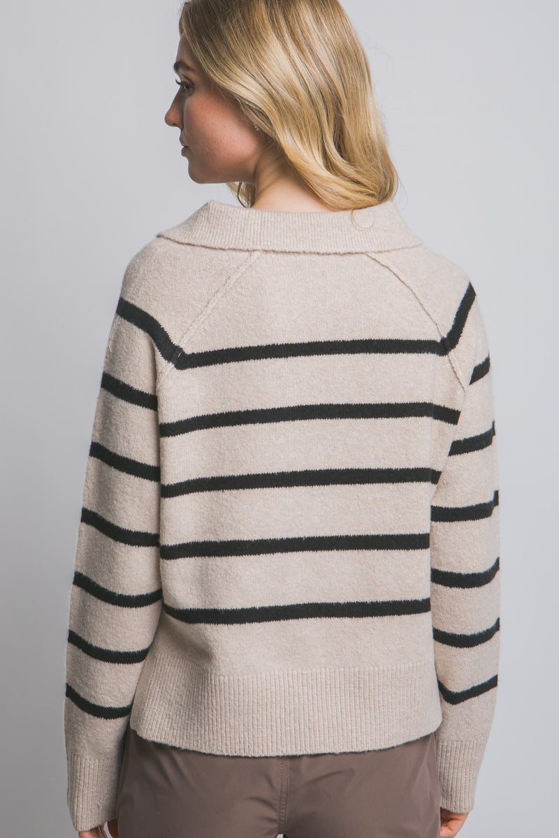 Maeve Collared V-Neck Striped Sweater, Beige