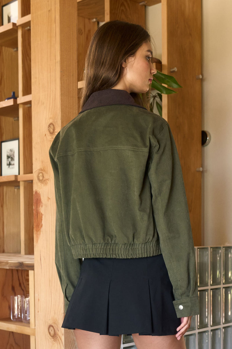 Lyla Contrast Corduroy Collar Bomber Jacket, Dark Olive
