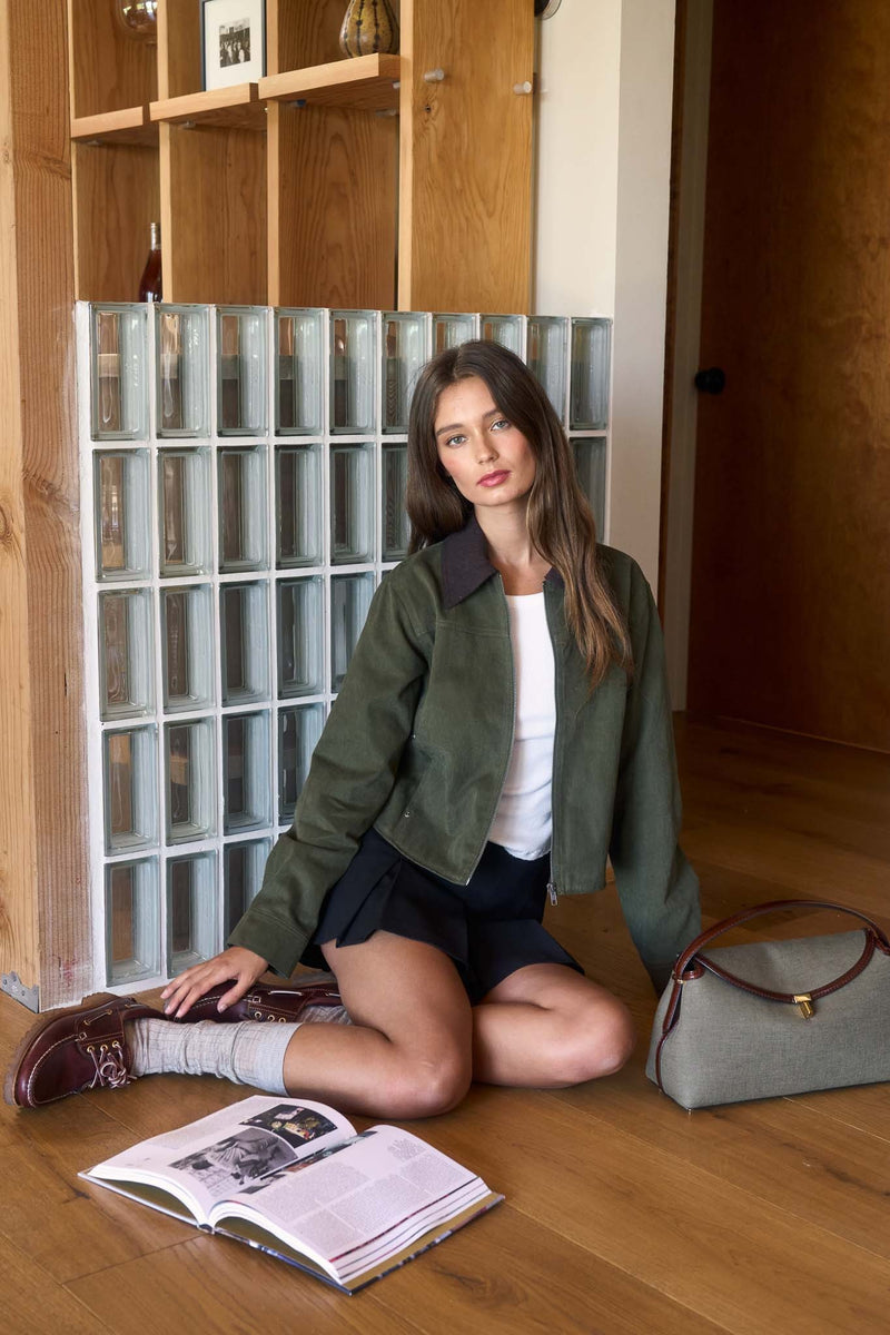 Lyla Contrast Corduroy Collar Bomber Jacket, Dark Olive