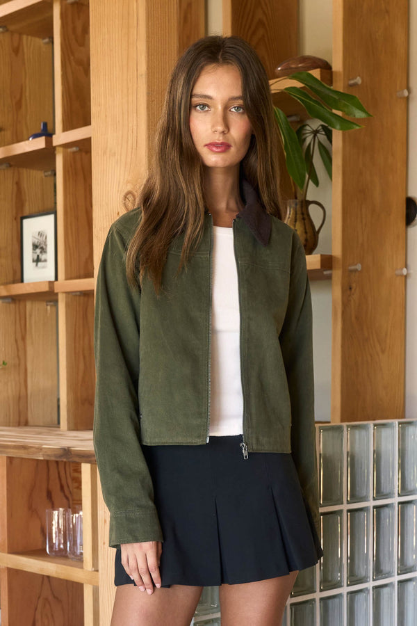 Lyla Contrast Corduroy Collar Bomber Jacket, Dark Olive