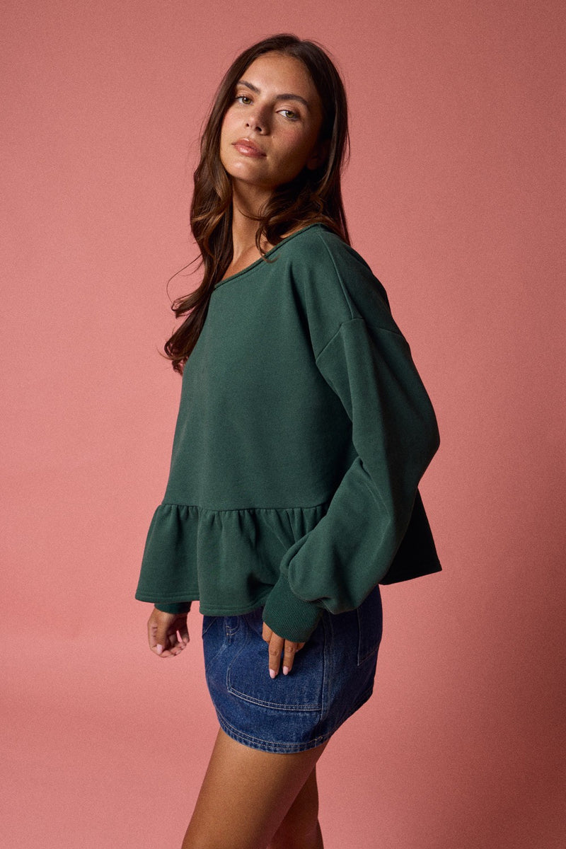 Arabella Peplum Hem Sweatshirt, Hunter Green