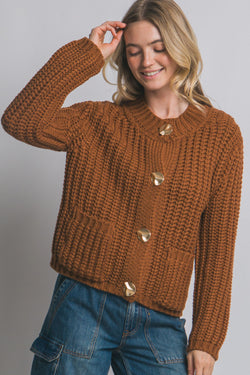 Clara Gold Button Cardigan, Almond