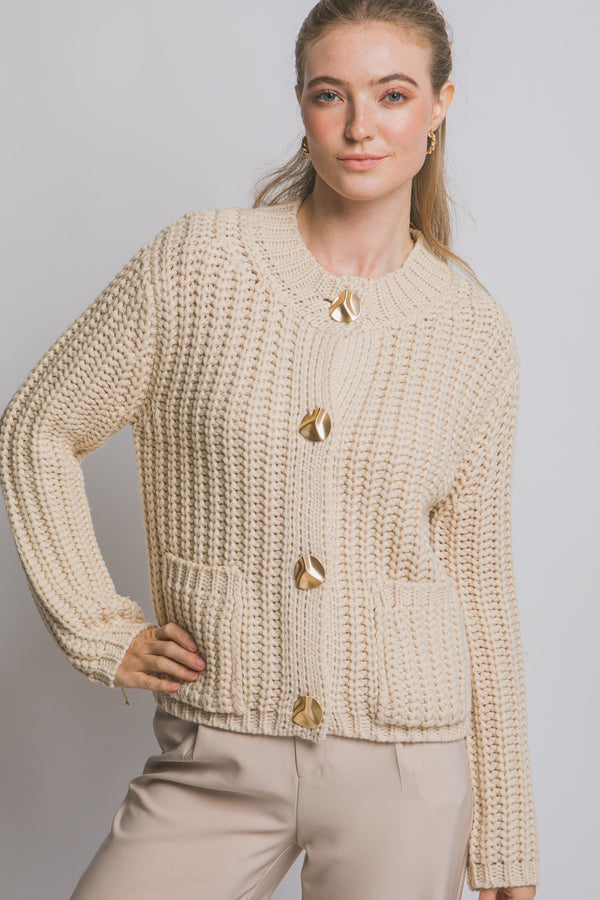 Clara Gold Button Cardigan, Cream