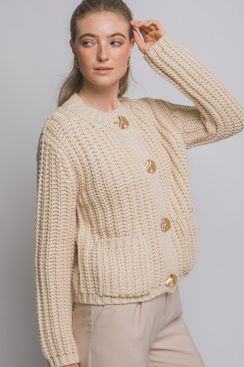 Clara Gold Button Cardigan, Cream