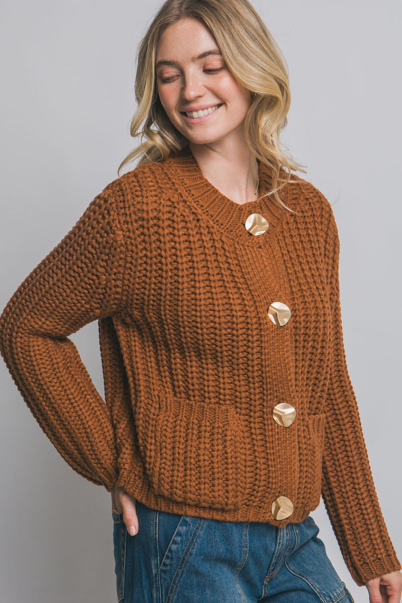 Clara Gold Button Cardigan, Almond