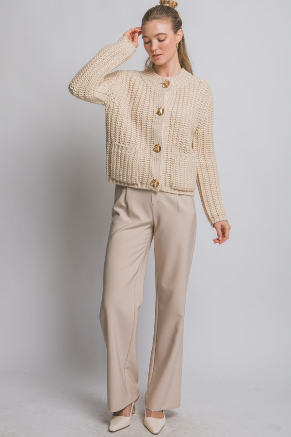 Clara Gold Button Cardigan, Cream