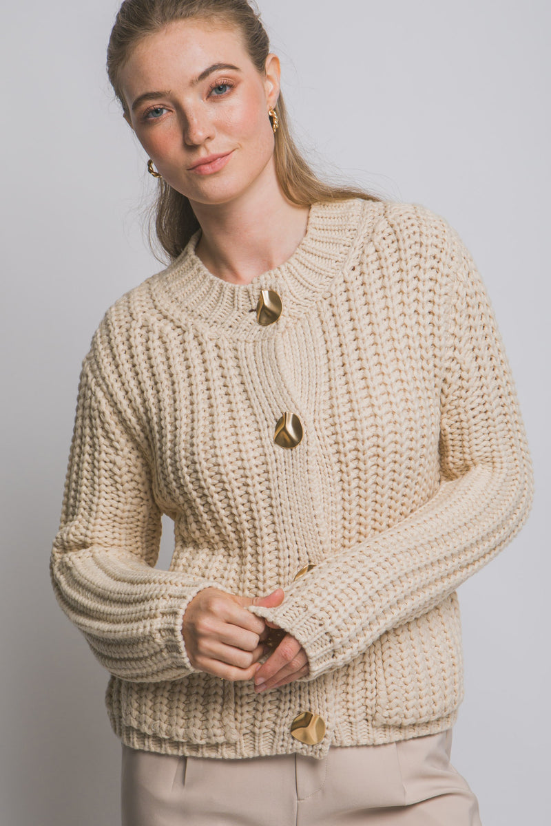 Clara Gold Button Cardigan, Cream