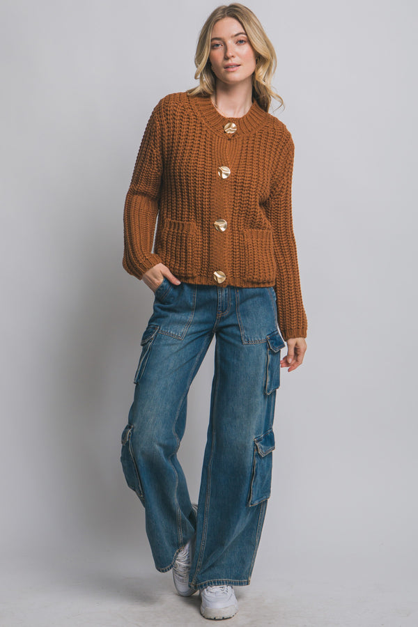 Clara Gold Button Cardigan, Almond