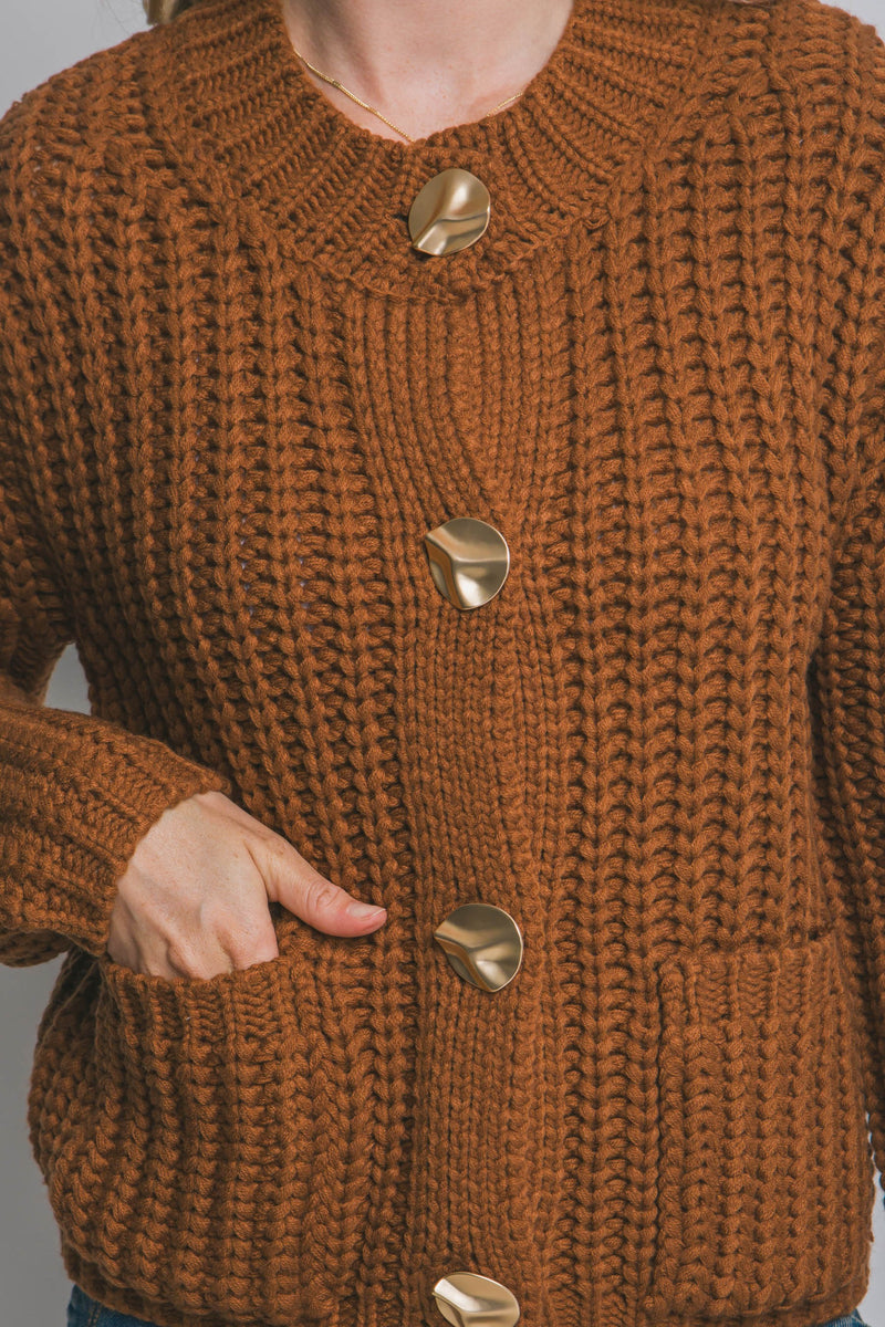 Clara Gold Button Cardigan, Almond