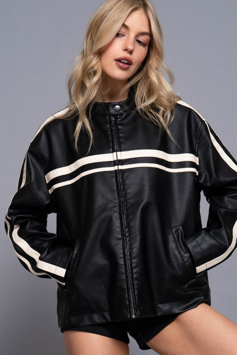 Noa Line Detail Faux Leather Jacket, Black