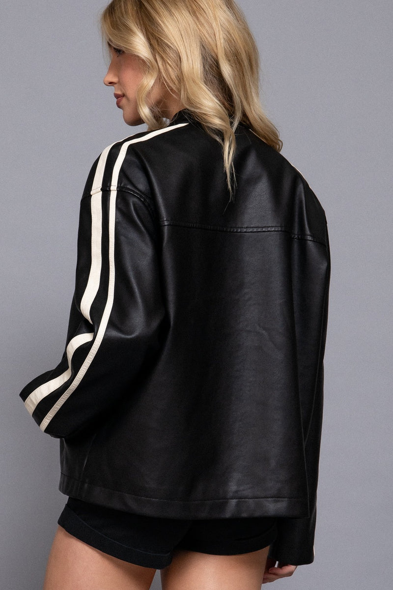 Noa Line Detail Faux Leather Jacket, Black