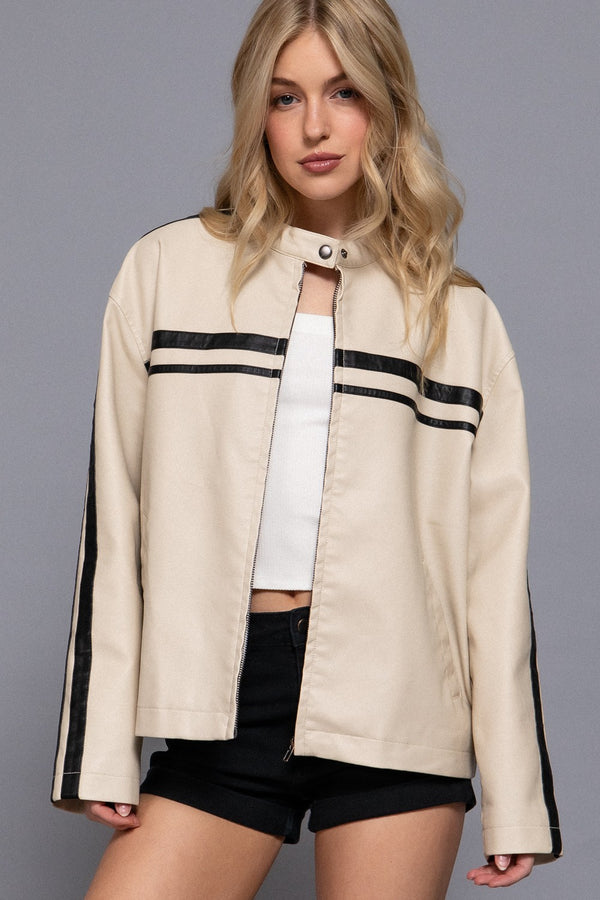 Noa Line Detail Faux Leather Jacket, Ecru