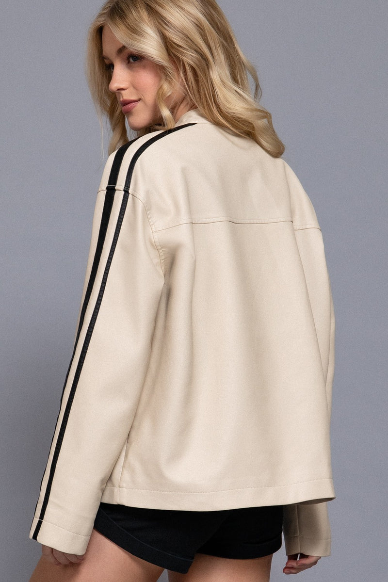 Noa Line Detail Faux Leather Jacket, Ecru