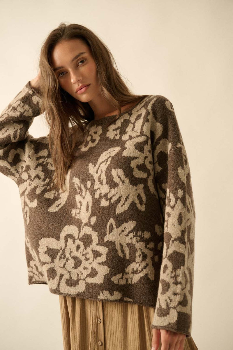 Hailey Floral Jacquard Sweater, Chocolate