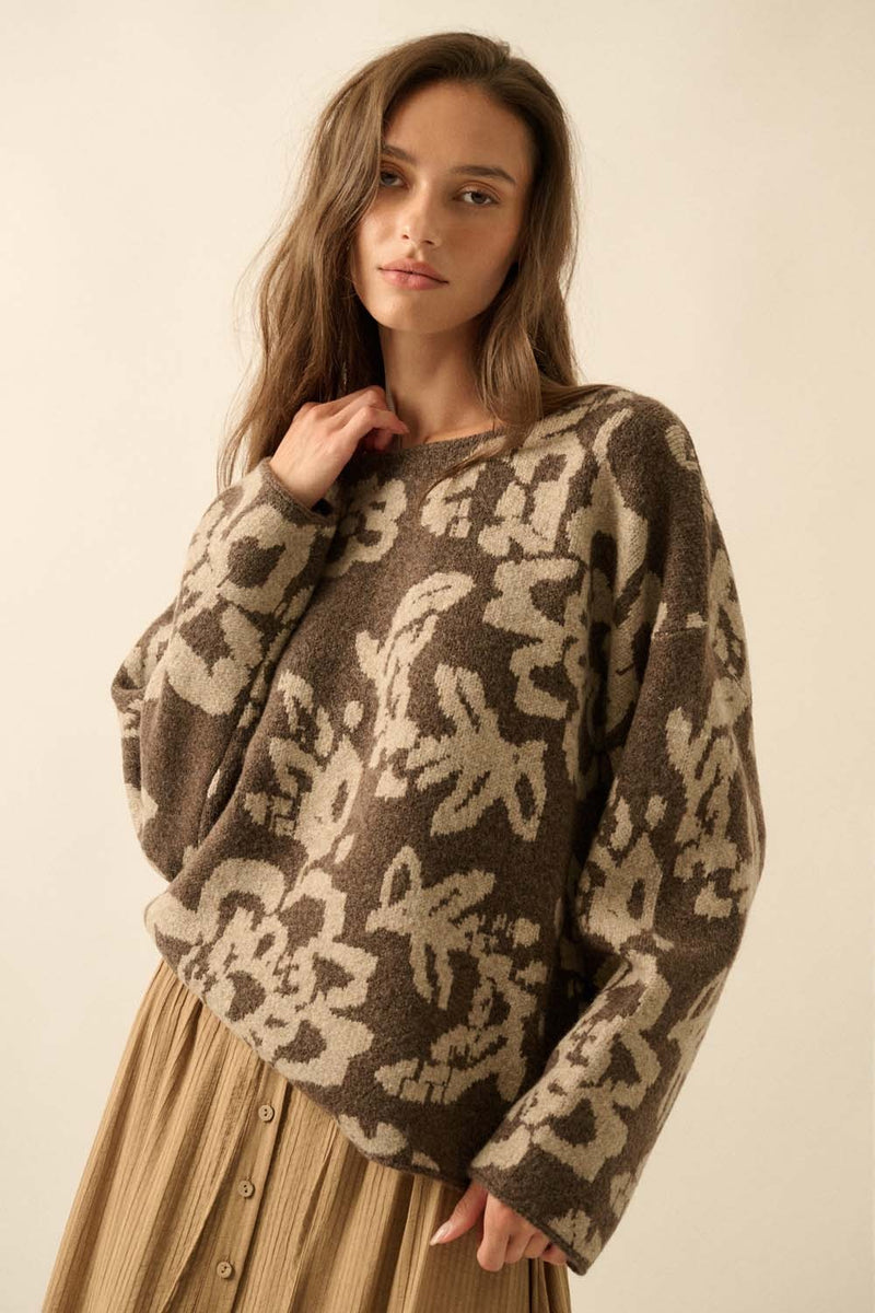 Hailey Floral Jacquard Sweater, Chocolate