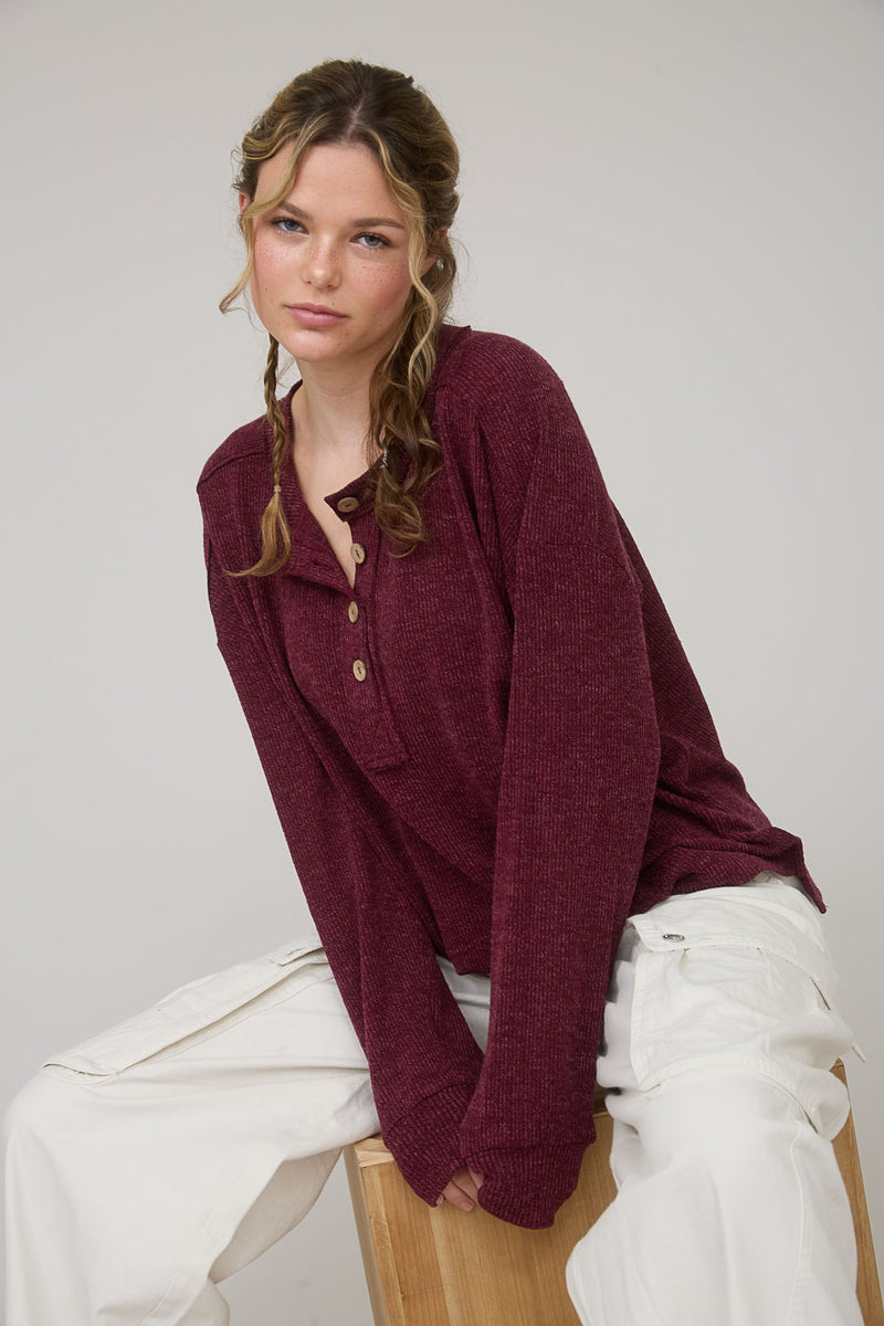 Bindi Henley Knit Top, Burgundy