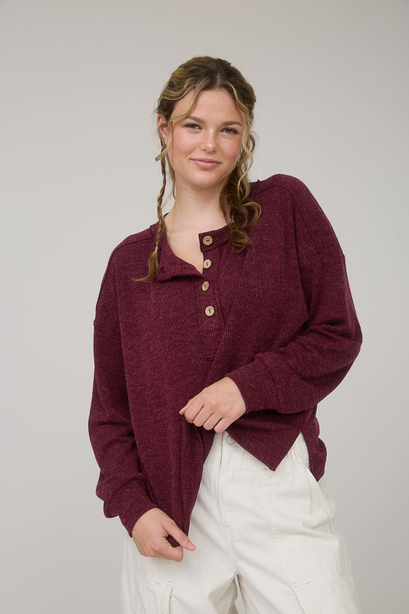 Bindi Henley Knit Top, Burgundy