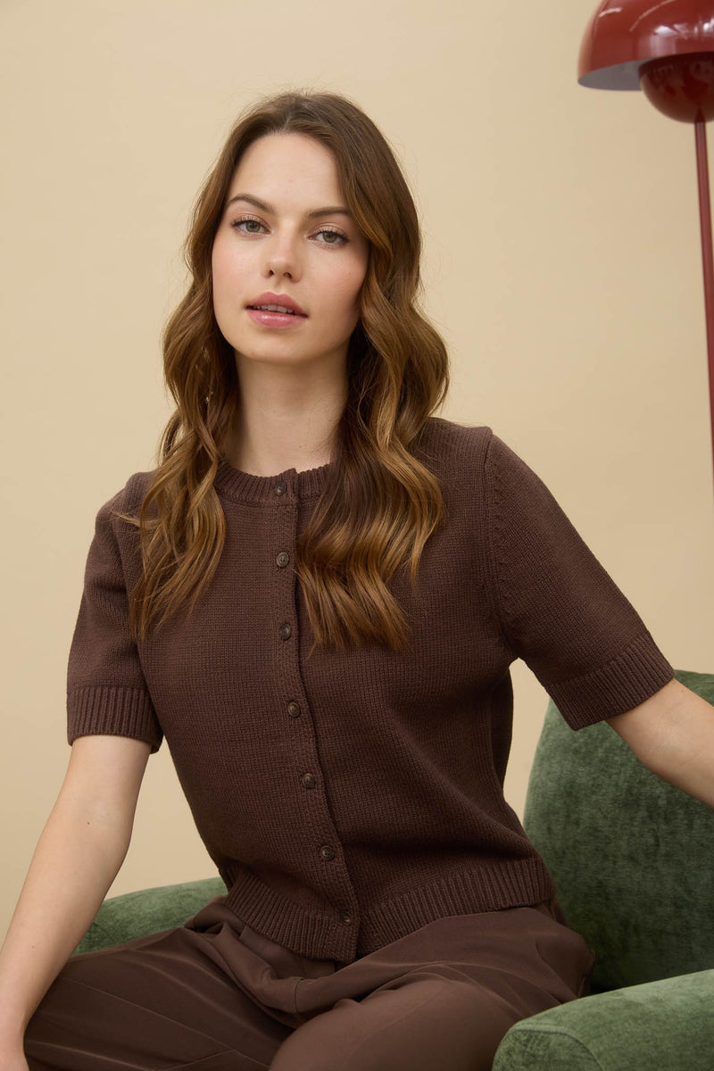 Faye Short Sleeve Button Down Cardigan, Brown