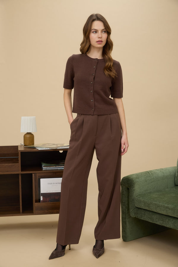 Faye Short Sleeve Button Down Cardigan, Brown
