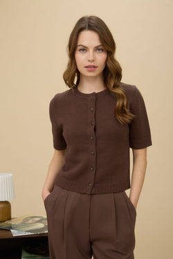 Faye Short Sleeve Button Down Cardigan, Brown