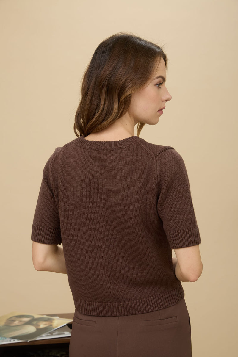 Faye Short Sleeve Button Down Cardigan, Brown