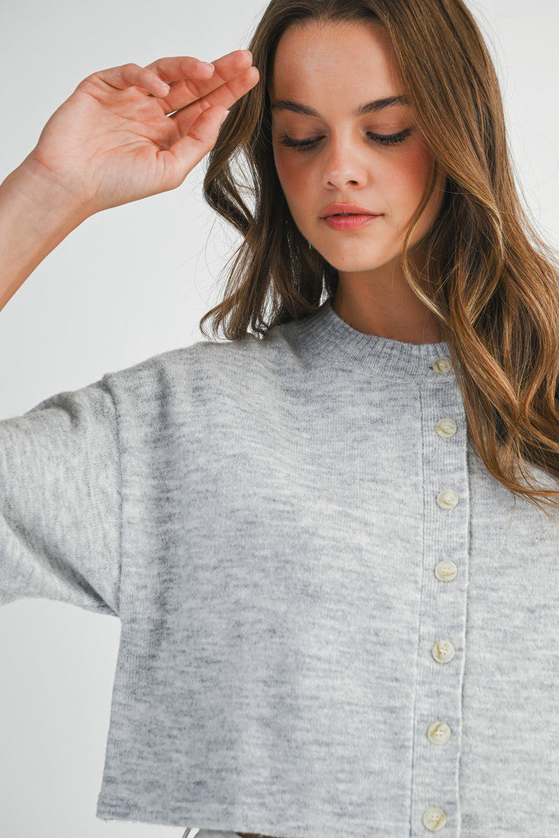 Jeanne Cropped Crew Neck Sweater, Heather Grey