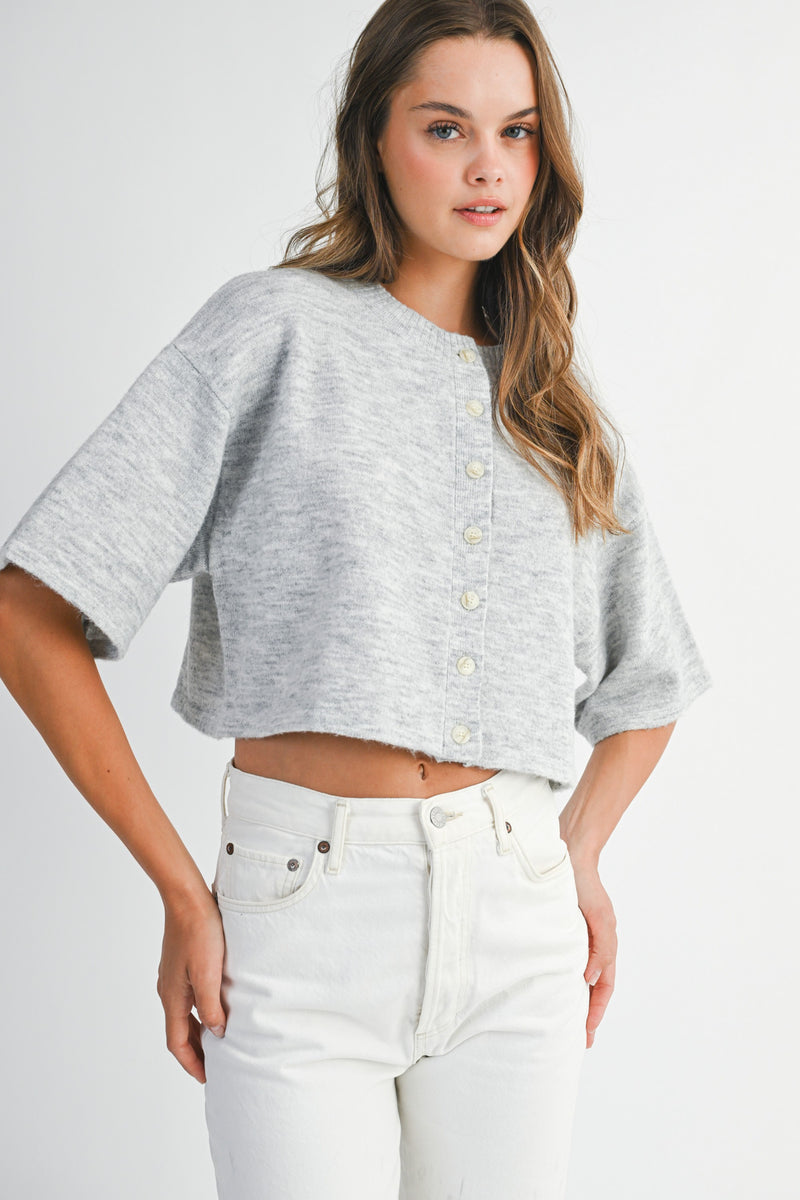 Jeanne Cropped Crew Neck Sweater, Heather Grey