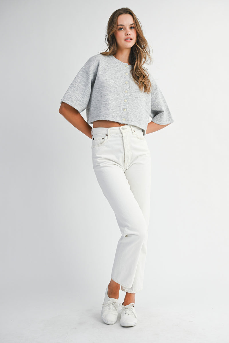Jeanne Cropped Crew Neck Sweater, Heather Grey