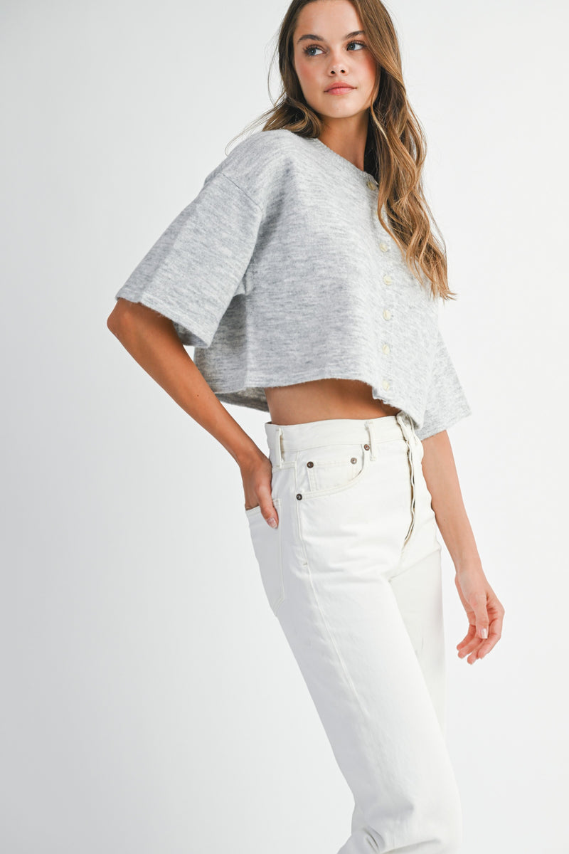 Jeanne Cropped Crew Neck Sweater, Heather Grey