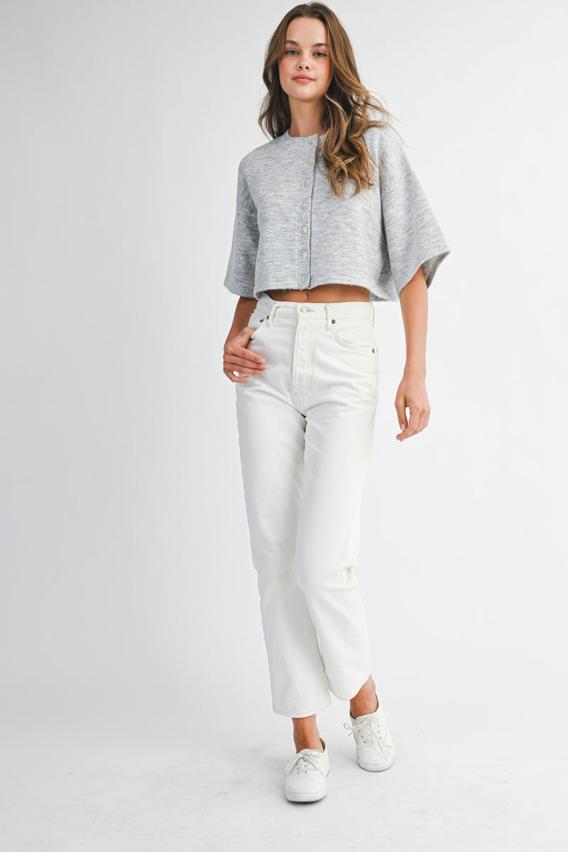 Jeanne Cropped Crew Neck Sweater, Heather Grey