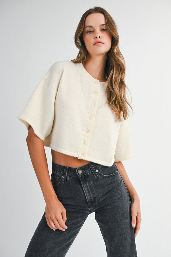 Jeanne Cropped Crew Neck Sweater, Cream