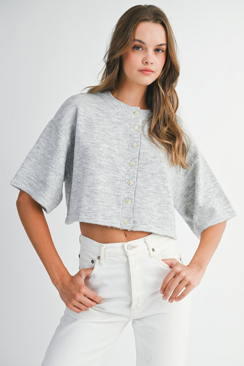 Jeanne Cropped Crew Neck Sweater, Heather Grey
