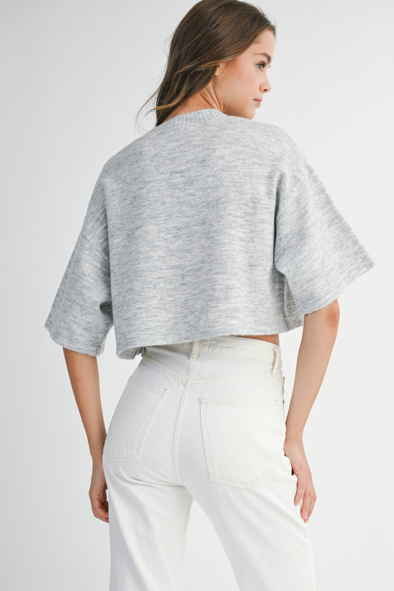 Jeanne Cropped Crew Neck Sweater, Heather Grey