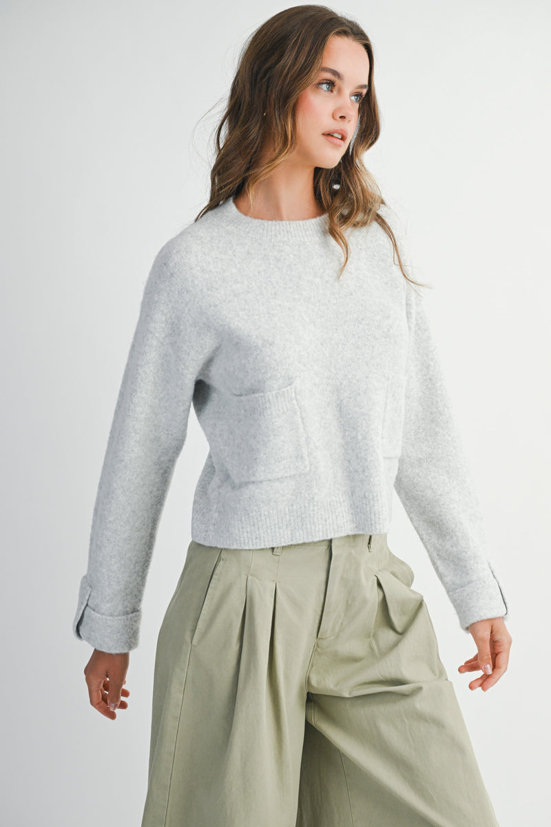 Lila Cuff Detail Pocket Sweater, Heather Grey