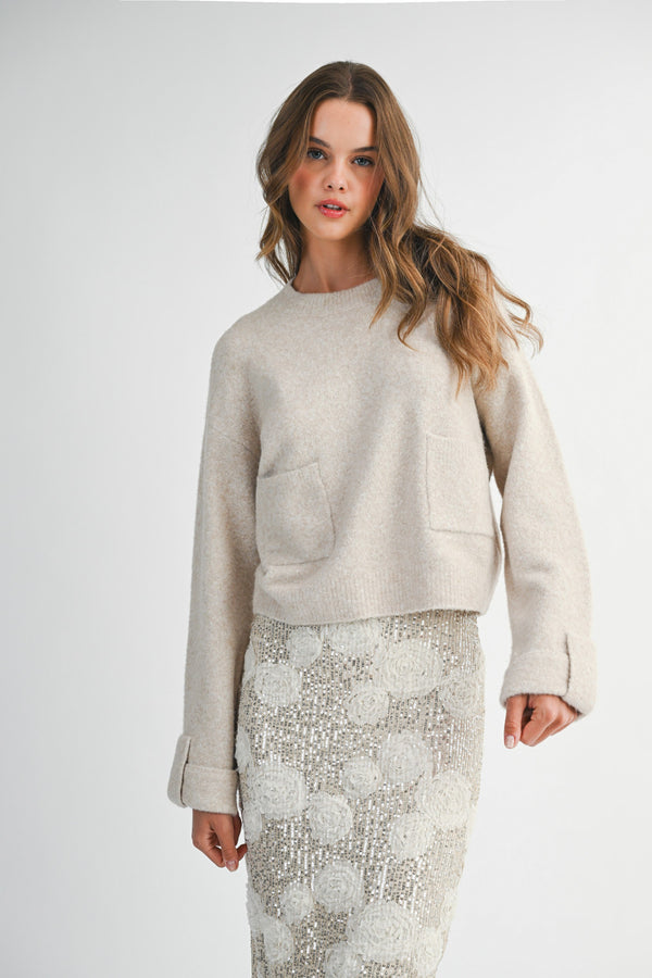 Lila Cuff Detail Pocket Sweater, Light Taupe