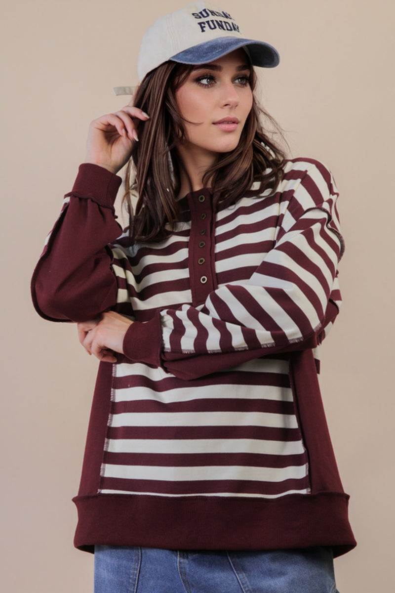 Chrissy Striped Henley Top, Burgundy/Cream
