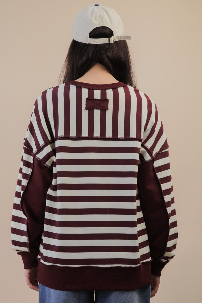 Chrissy Striped Henley Top, Burgundy/Cream