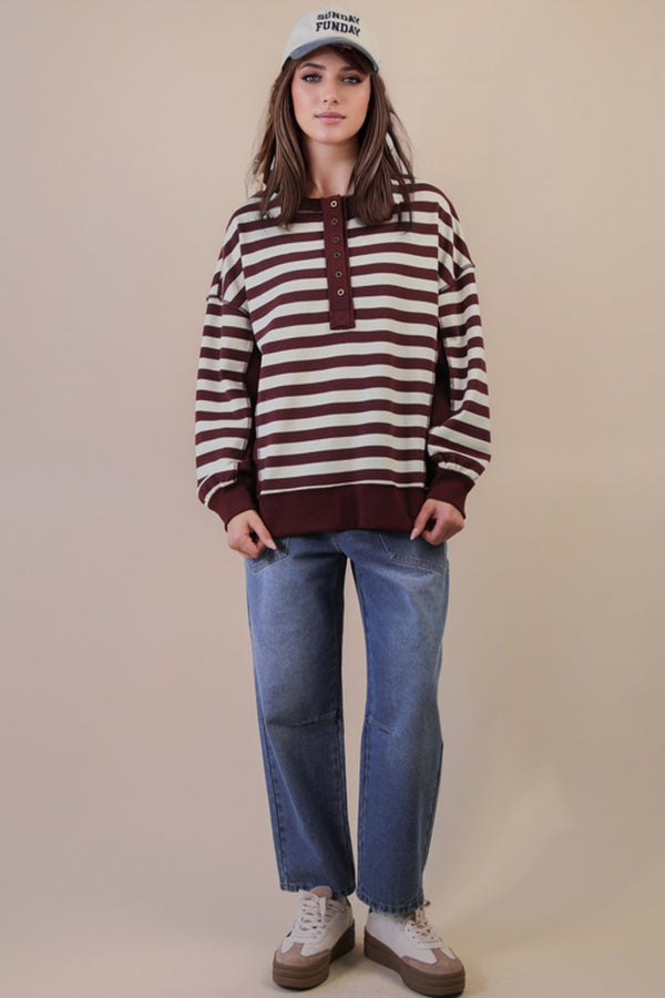 Chrissy Striped Henley Top, Burgundy/Cream