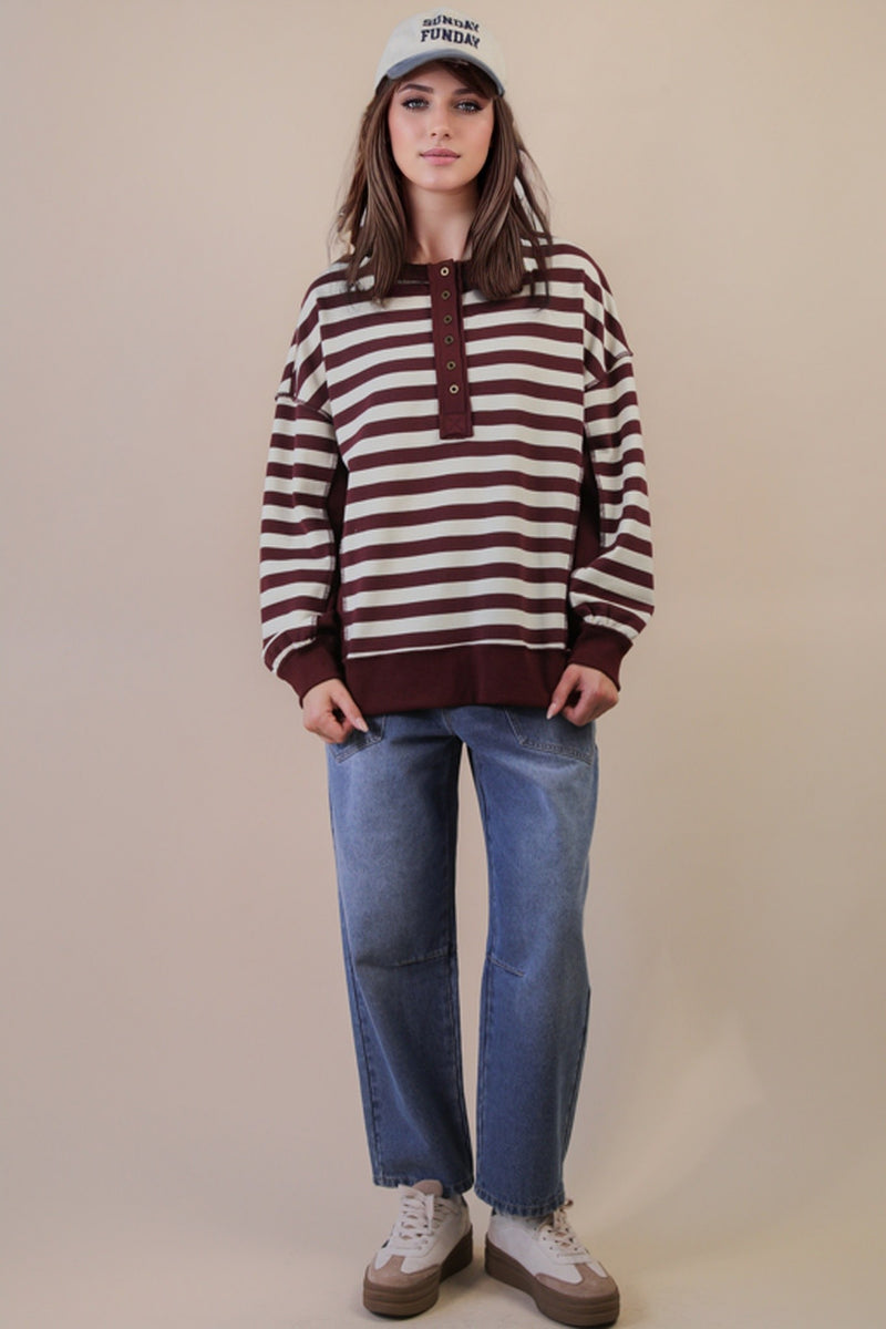 Chrissy Striped Henley Top, Burgundy/Cream