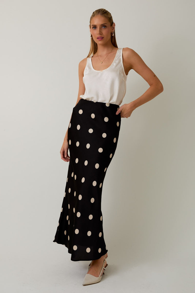 Sloane Satin Polka Dot Midi Skirt, Black-Cream Dot