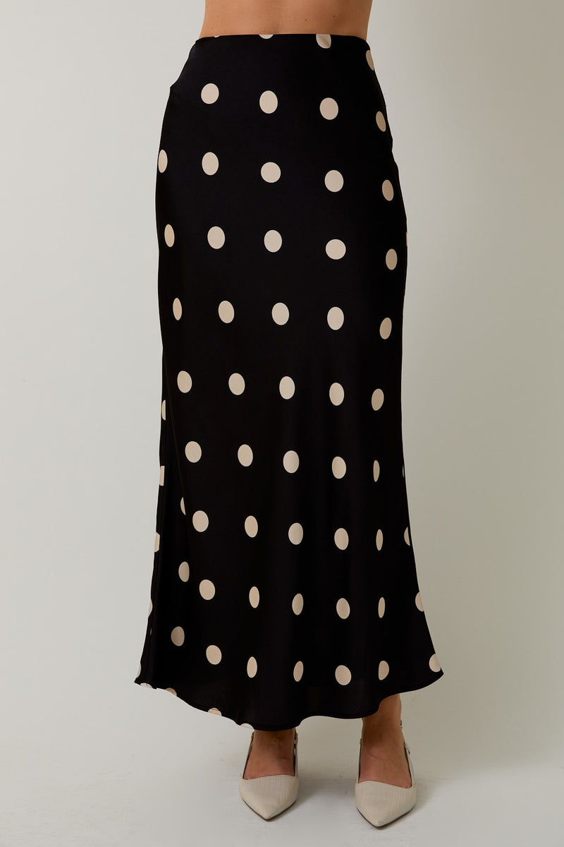 Sloane Satin Polka Dot Midi Skirt, Black-Cream Dot